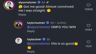 Stoner's comment and Launters' reply on the Instagram reel. (Image via Instagram/@taylorlautner)